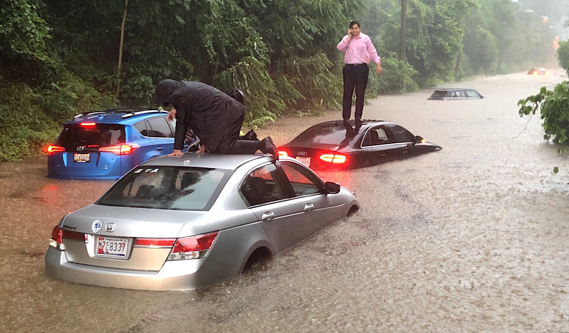 Motorists stranded in flood waters in Washington, D.C