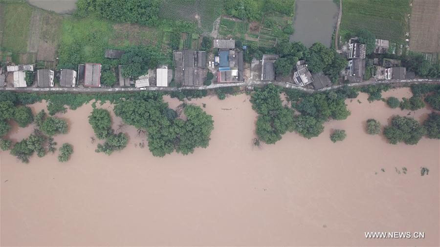 Aerial photo taken on July 9, 2019 shows the flooded Xingmazhou in Binzhou New Village of Changsha, central China's Hunan Province.