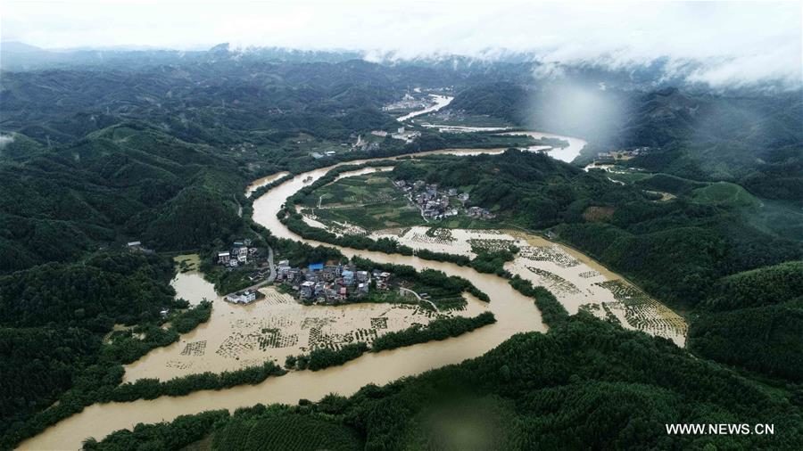 Aerial photo taken on July 9, 2019 shows the flooded areas in Dajiang Town, Rong'an County, south China's Guangxi Zhuang Autonomous Region.