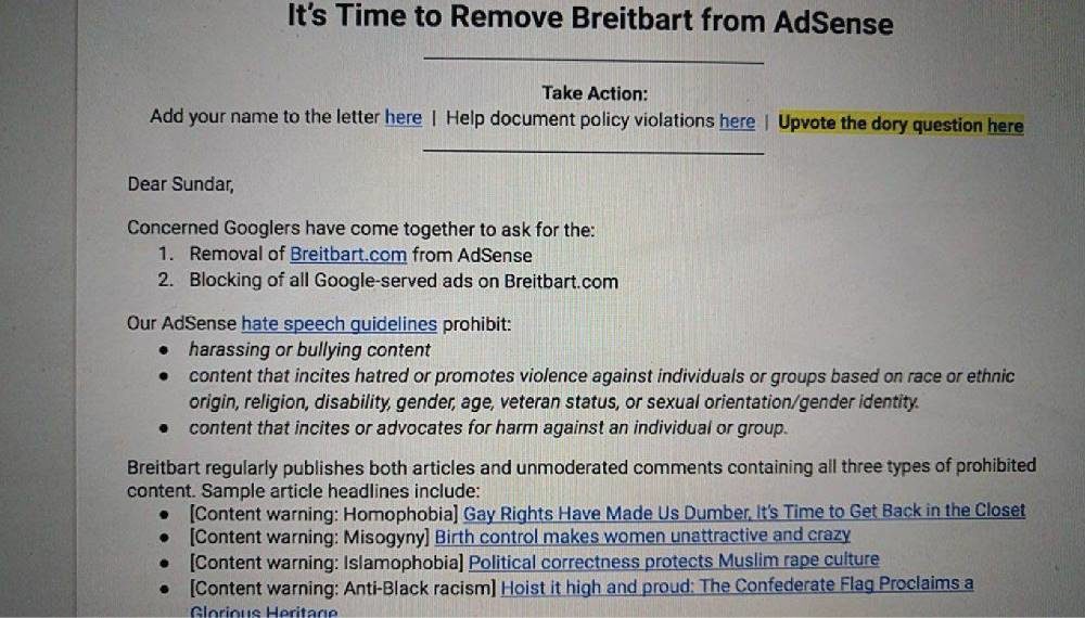 Click to enlarge google petition breitbart ban