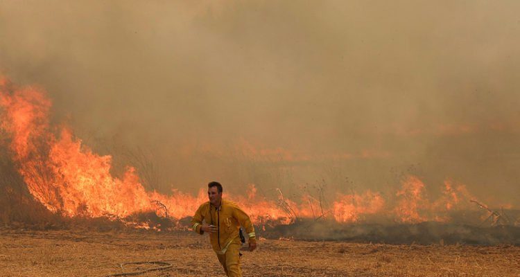 Click to enlarge Fire fighters try to extinguish a forest fire near Moshv Aderet, Israel