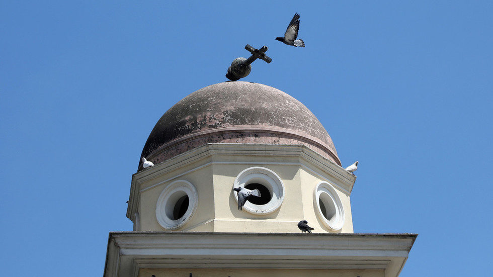 Damage is seen on the Church of the Pantanassa following an earthquake in Athens, Greece