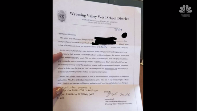 PA School threatens parents school lunch