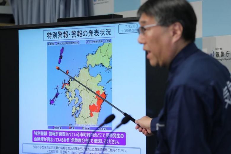 Click to enlarge Forecasters warned of mudslides, flooding and swollen rivers on the island of Kyushu and the Chugoku region in Japan