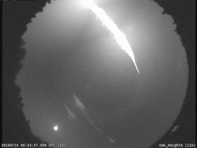 Click to enlarge The Western University All-Sky Camera Network in London, Canada, captured this image of a fireball over southern Ontario and Quebec on July 24, 2019, at 4:44 a.m. EDT (0844 GMT).