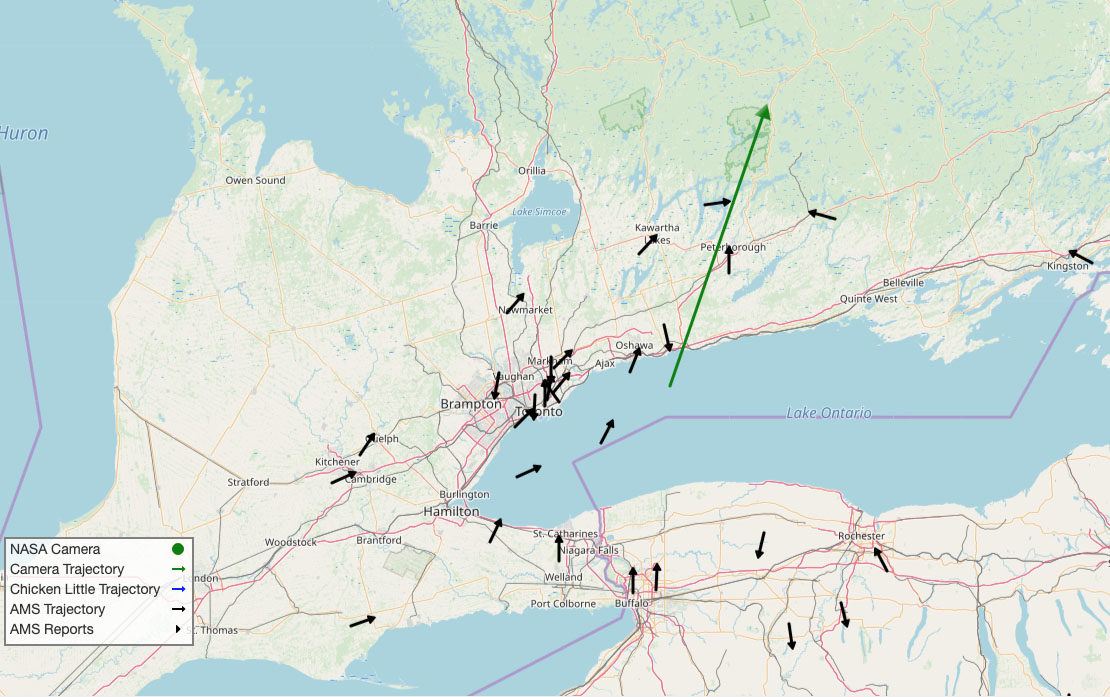 Trajectory of the meteoroid across southern Canada