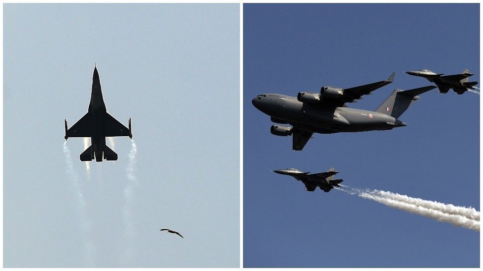PAF F-16 and IAF C-17 and two Su-30MKI fighter jets.