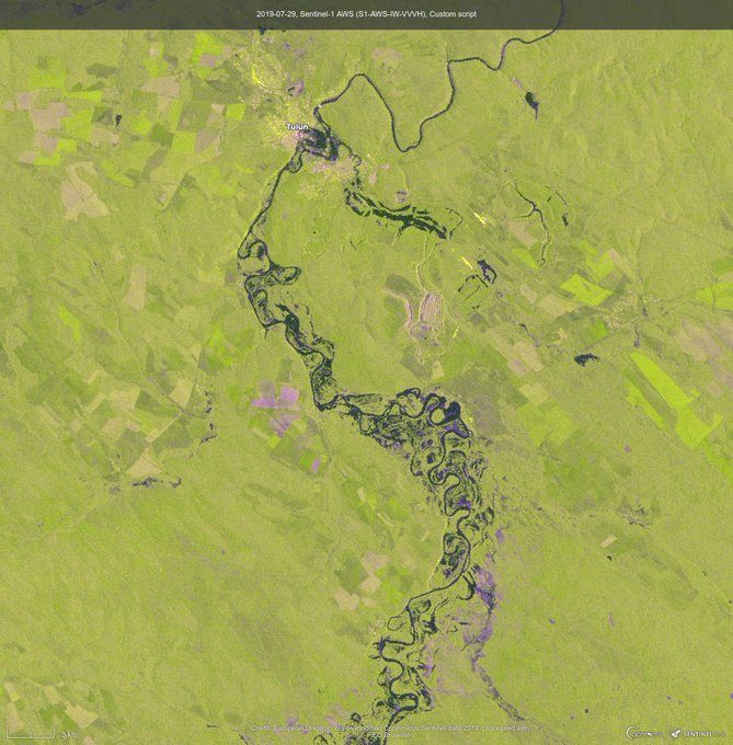 Satellite / radar image of flooding in areas near Tulun, Irkutsk region, Russia, July 2019. Water is shown as blue.