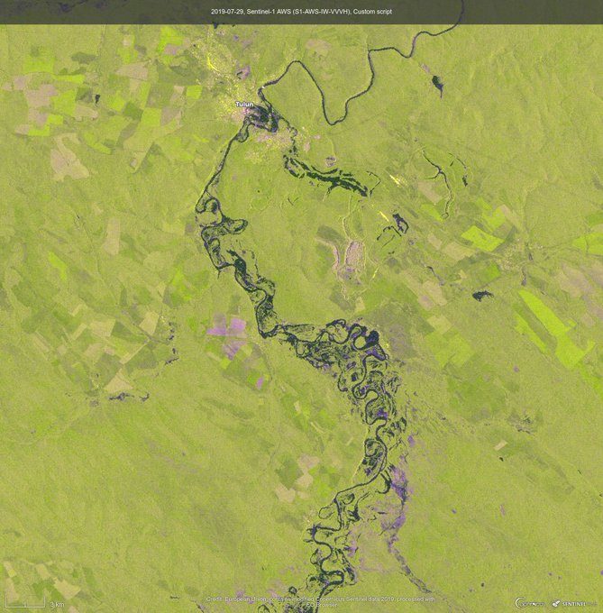 Click to enlarge Satellite / radar image of flooding in areas near Tulun, Irkutsk region, Russia, July 2019. Water is shown as blue.