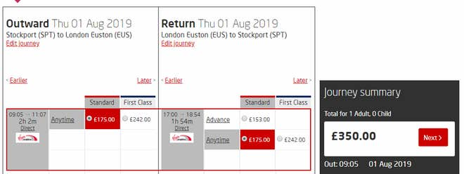 UK Virgin trains prices