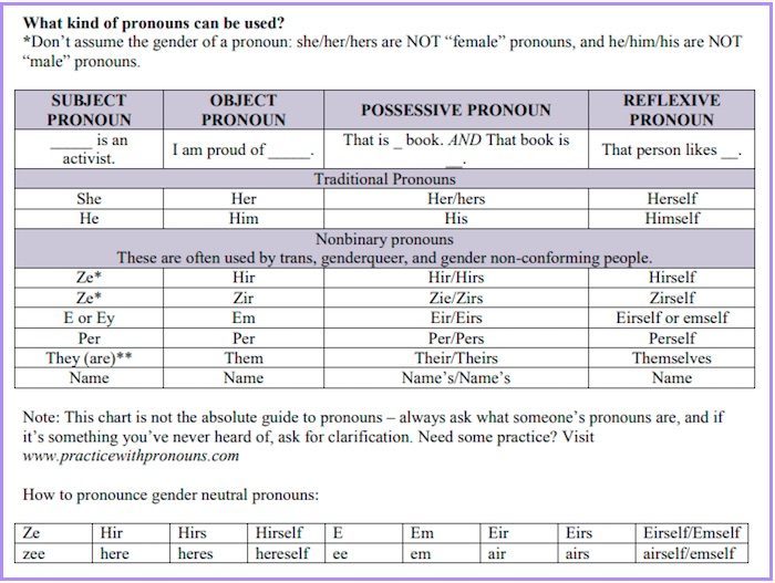 Gender Neutral Pronouns Chart