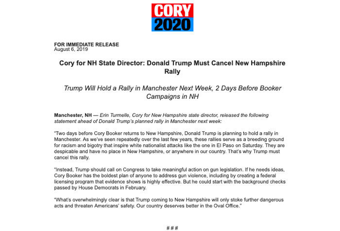 Cory Booker statement