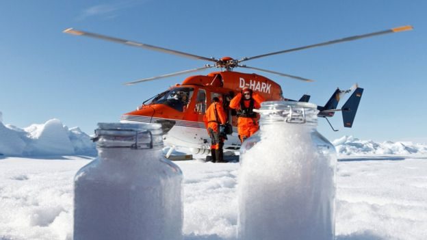 The researchers collected samples of snow in flasks