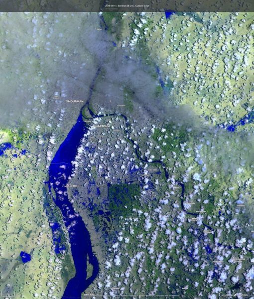 Click to enlarge Image of flooded areas (blue) of the White Nile in Sudan, 11 August 2019. Image is from the Sentinel-2 satellite from the EU Copernicus Programme