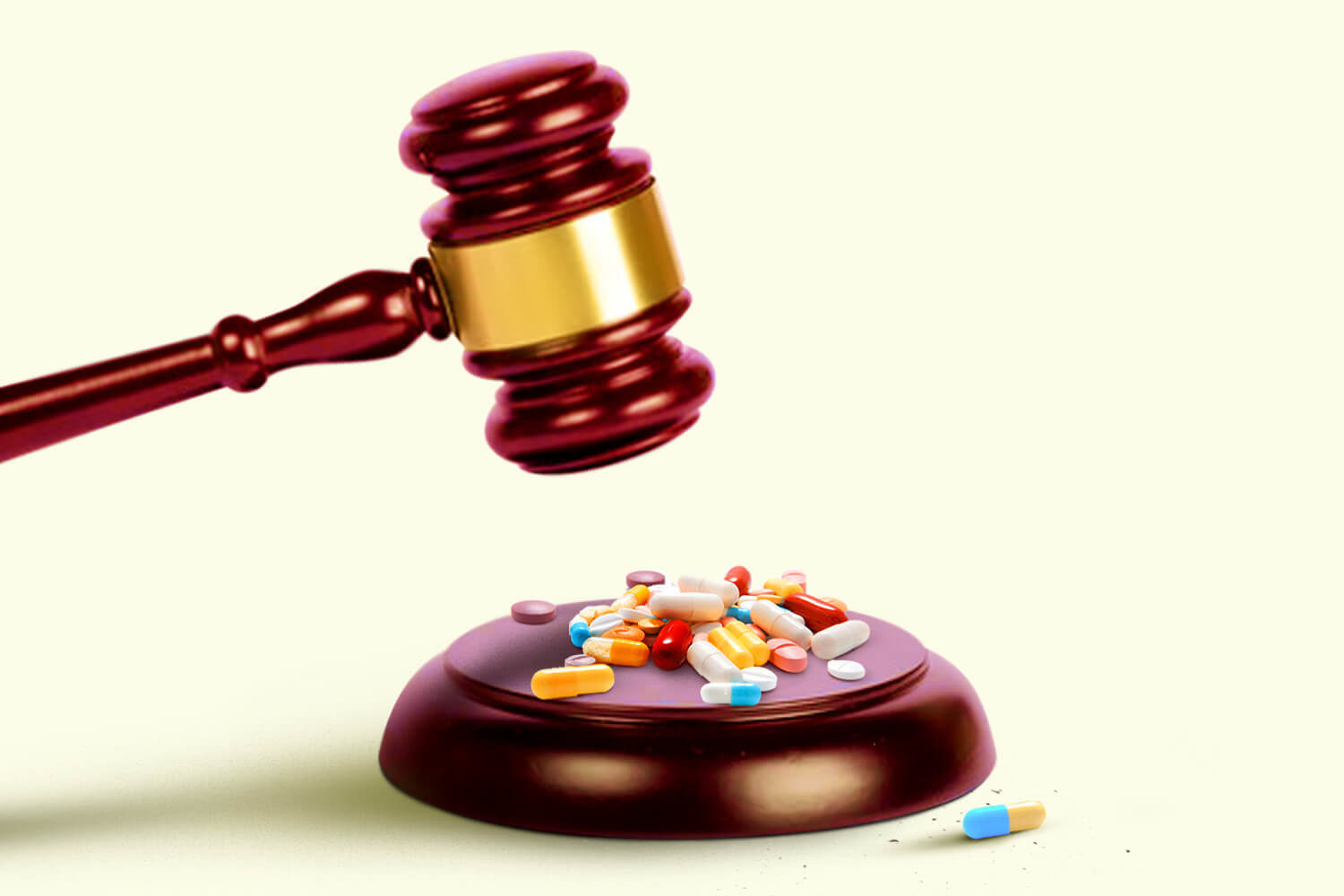 gavel, pharmaceuticals, pills