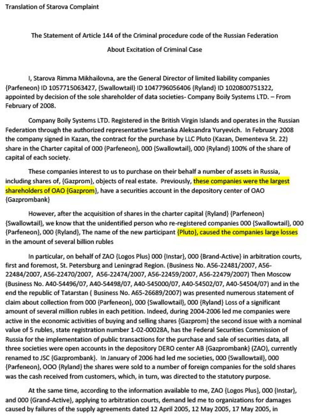 Click to enlarge Browder whistleblower complaint starova