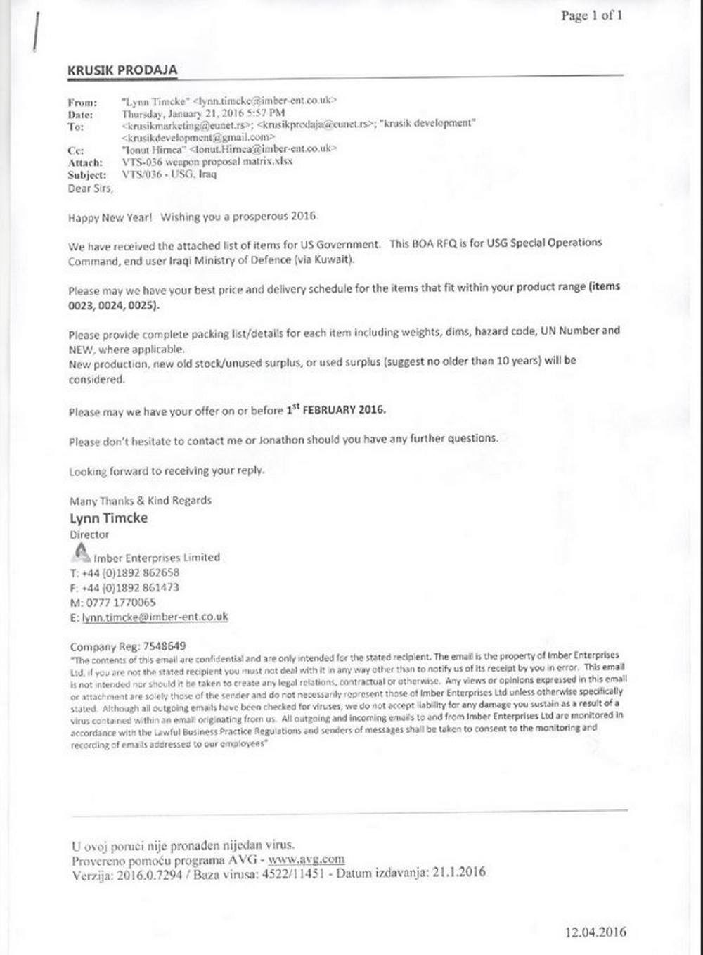 Click to enlarge email arms smuggling serbia