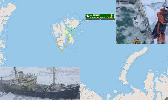 Click to enlarge climate change ship stuck in ice Svalbard