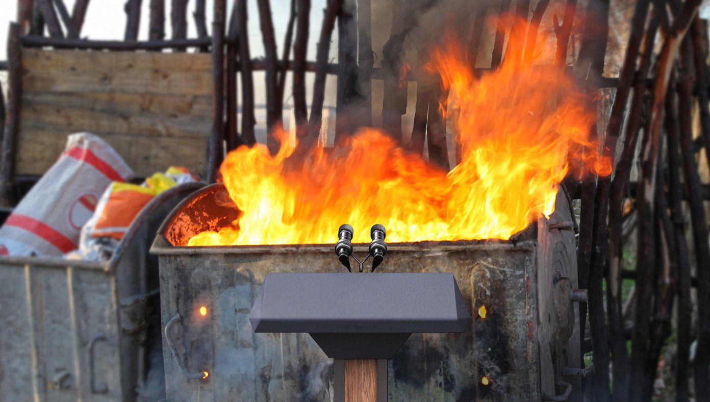 dumpster fire micorphones press confeence