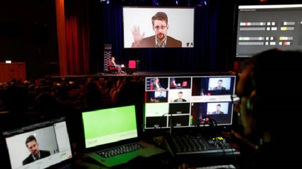 Click to enlarge Edward Snowden speaking about his book