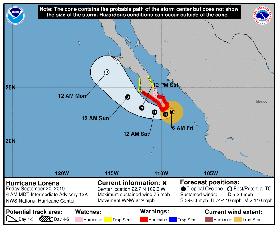 Click to enlarge Track of Hurricane Lorena in Mexico, September 2019.