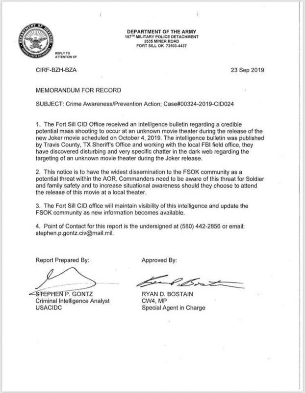 Click to enlarge Army letter about Joker movie