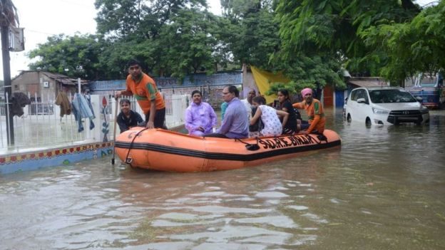 Main roads are being navigated by boat