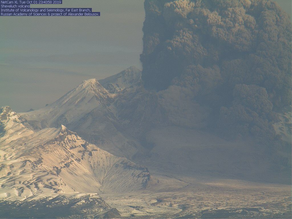 Click to enlarge Eruption column and pyroclastic flow at Shiveluch volcano