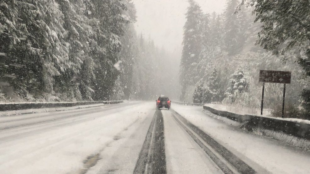 Snow falls along Stevens Pass on Oct. 8, 2019