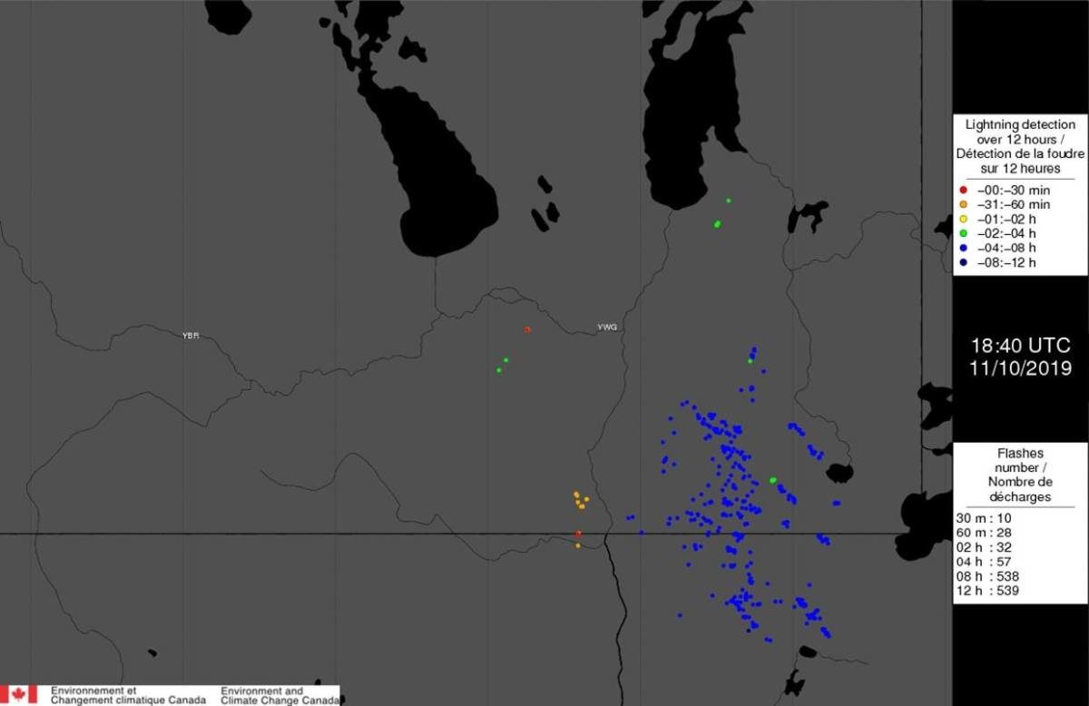 Map shows lightning strikes over southern Manitoba Thursday