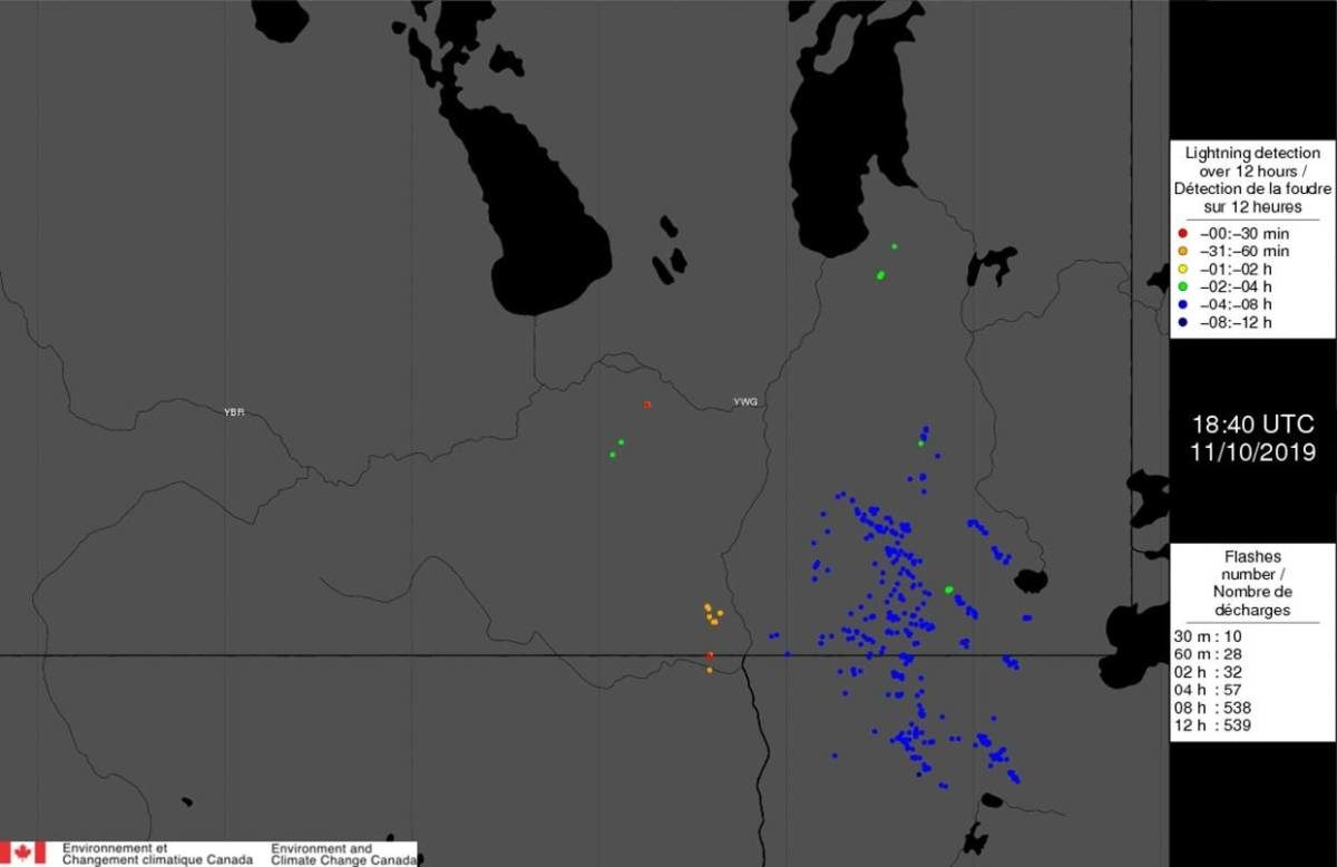 Click to enlarge Map shows lightning strikes over southern Manitoba Thursday