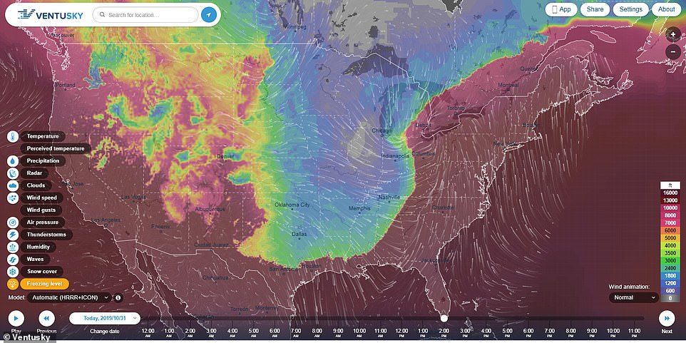 Click to enlarge Pictured: a shot of the Ventusky map that illustrates the freezing temperatures heading towards the central and east regions of the country