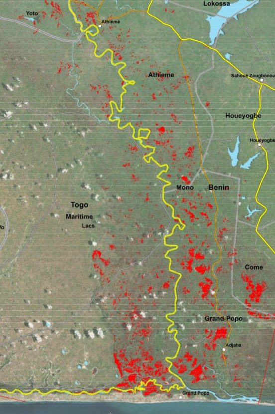 Flooding in Togo and Benin, as of 26 October 2019. Red denotes flood water.
