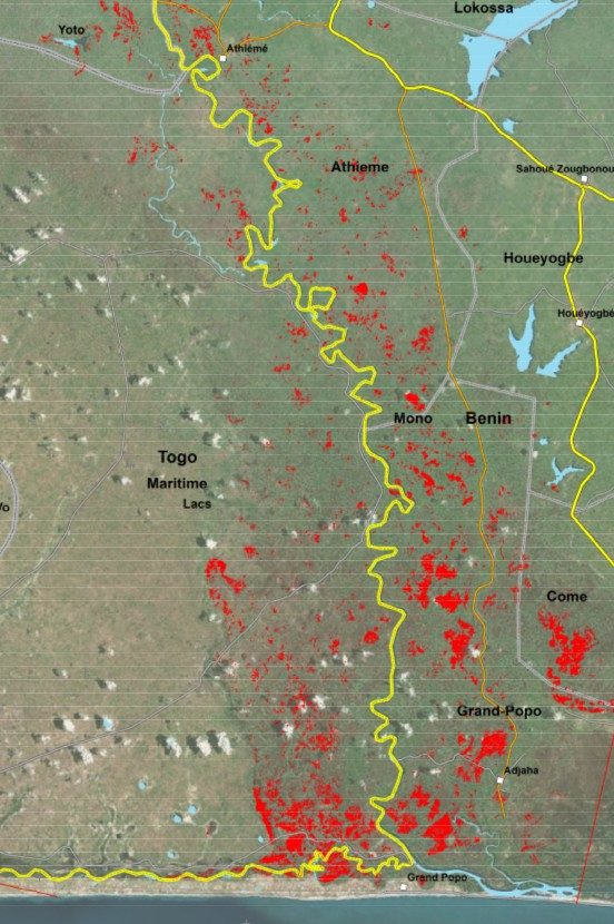 Click to enlarge Flooding in Togo and Benin, as of 26 October 2019. Red denotes flood water.
