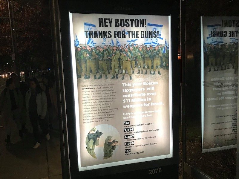 BDS Palestine protest posters bus stops Boston