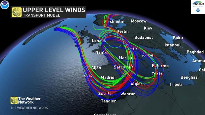 Click to enlarge Model simulation results showing how far an ash cloud would travel in 5 days, around 10 km altitude.