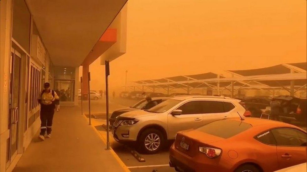 An orange sky is seen as a dust storm blankets Mildura, Victoria, Australia