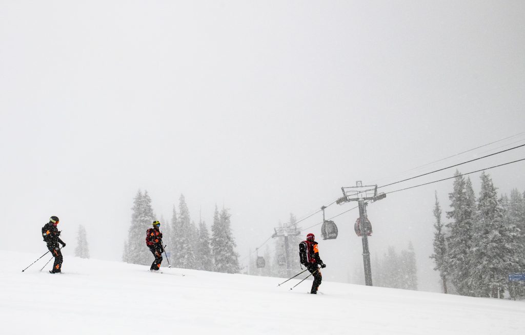 Aspen Mountain Ski Patrol sets off from the top to check conditions the day before officially opening the mountain on Friday, November 22, 2019.
