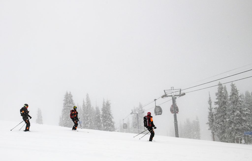 Click to enlarge Aspen Mountain Ski Patrol sets off from the top to check conditions the day before officially opening the mountain on Friday, November 22, 2019.