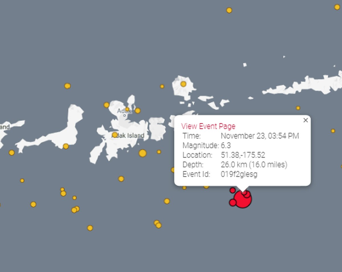 A magnitude 6.3 earthquake southeast of Adak rumbled the western Aleutian Islands at 3:54 p.m. Saturday, Nov. 23, 2019.