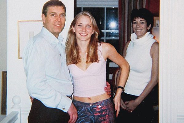 Click to enlarge Virginia Roberts photographed with Prince Andrew and Ghislaine Maxwell
