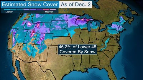 The blue, purple and pink shadings show the estimated snow cover across the Lower 48 Monday morning.