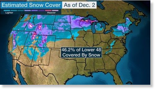 Click to enlarge The blue, purple and pink shadings show the estimated snow cover across the Lower 48 Monday morning.