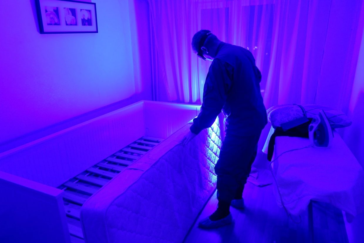 A forensic expert is seen working at the Kazantsev apartment.