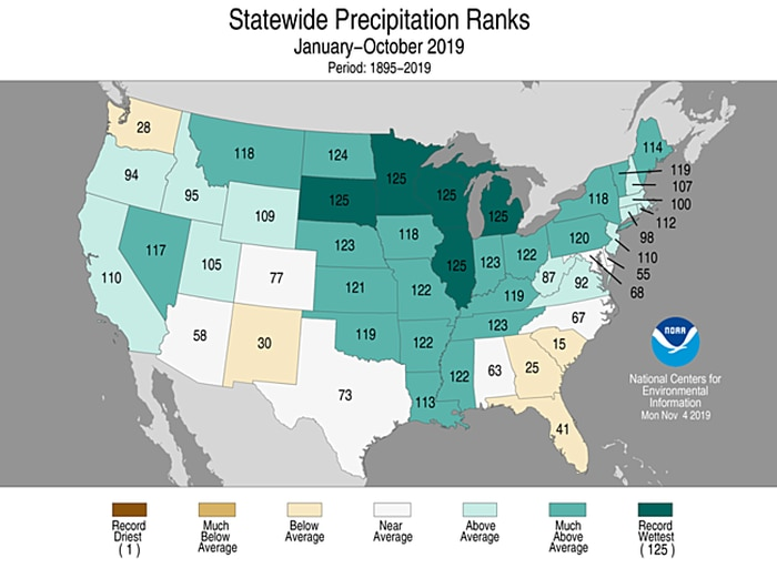 Precipitation ranking for January to October, 2019. Darkest green shaded states have had record precipitation amounts.
