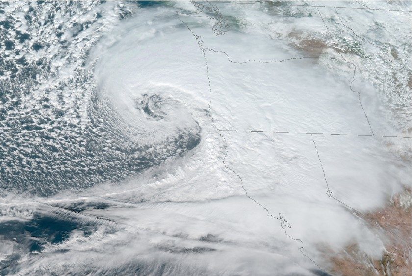 A satellite image shows the storm off the Oregon coast on Nov. 26.