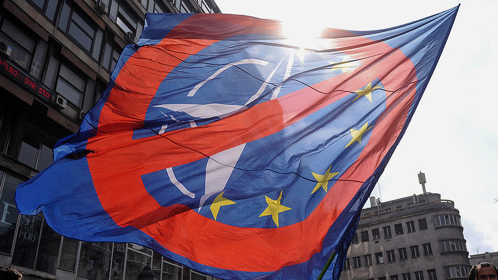 An anti-NATO demonstration is seen in Belgrade, Serbia
