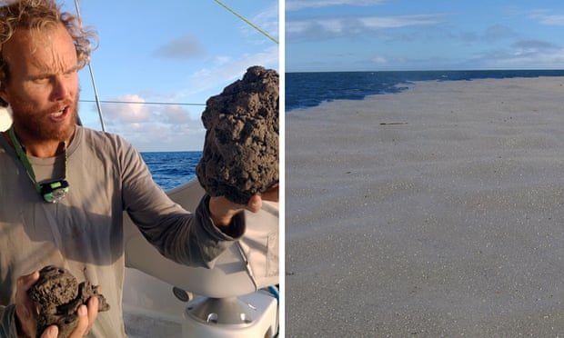 Click to enlarge The Pacific pumice raft, which researchers now say was created by the eruption of an underwater volcano off Tonga