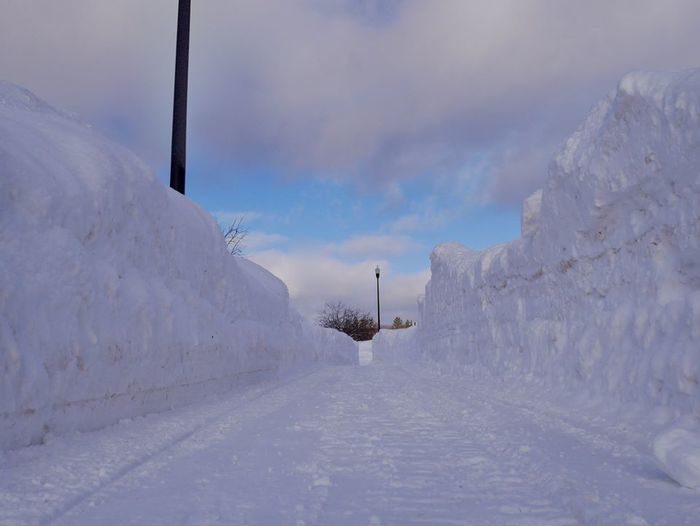 Snowbanks are five feet high along the sidewalks near Negaunee.