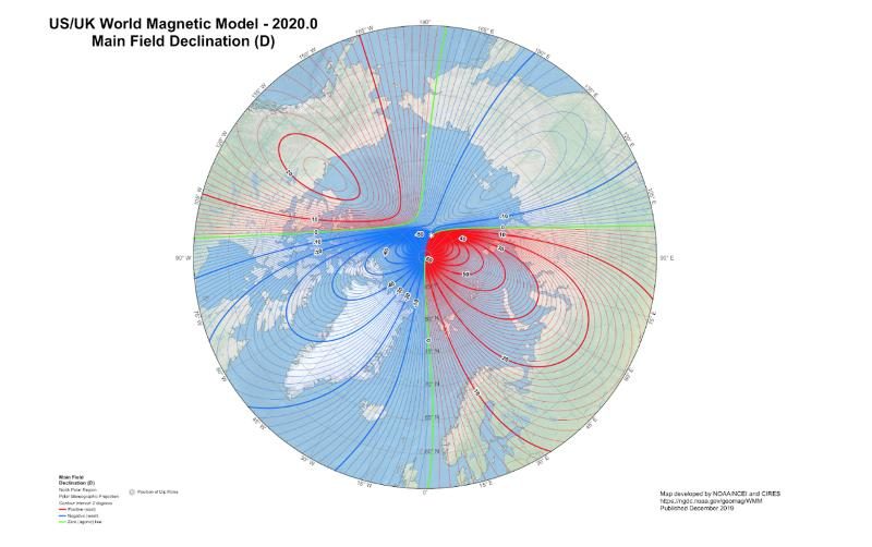 Global map of declination and the dip pole locations for 2020